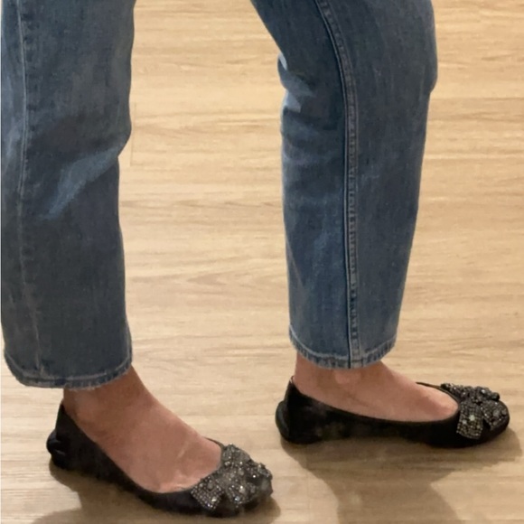 Tory Burch Black Leather Crystal Embellished Bow Eddie Ballet Flat - Picture 8 of 9